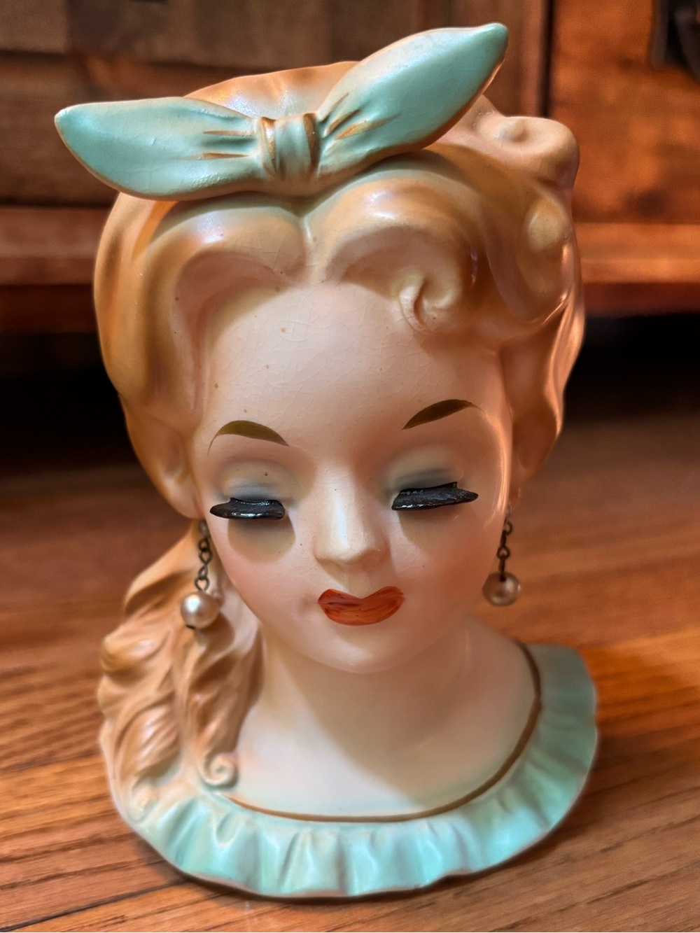 Inarco 1962 Vintage Ceramic Lady Head Vase in Mint and Cream E 779